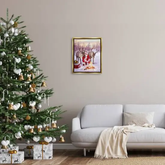 Stupell Industries Santa & Reindeer Bonfire Scene Framed Floater Canvas Wall Art Gold {3}