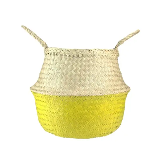 14.5" Beige & Yellow Large Seagrass Belly Basket with Handles {1}