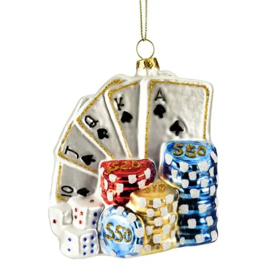 4" Silver & Blue Poker Playing Cards with Dice & Chips Christmas Ornament {4}