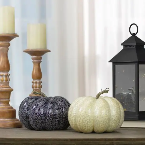 7" White & Black Fall Harvest Tabletop Pumpkin Set {3}