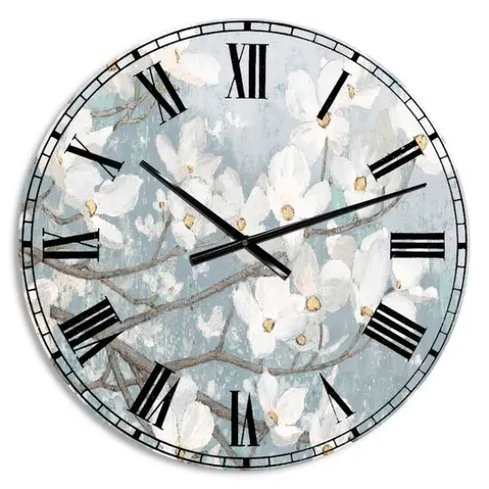 Designart Blue On Gray Blossoms Wall Clock {1}