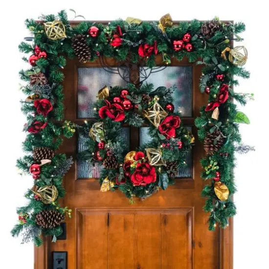 Village Lighting 24" Pre-Lit Red Magnolia Christmas Wreath, Clear LED Lights {3}