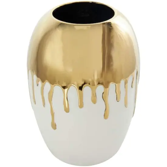CosmoLiving by Cosmopolitan 13" White Ceramic Vase with Abstract Gold Melting Drips {3}