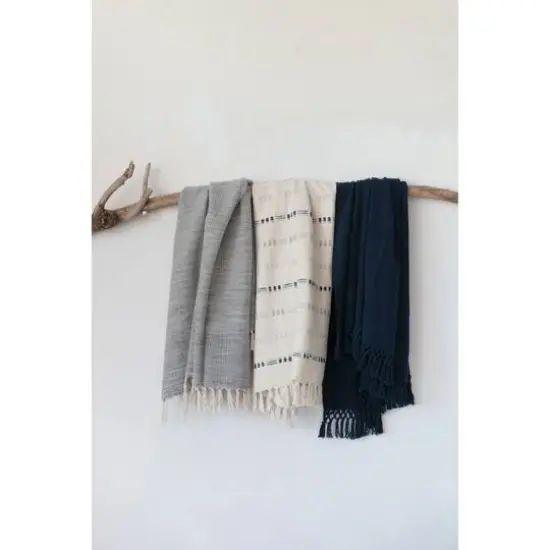 Navy Woven Recycled Cotton Blend Throw with Crochet Fringe {3}