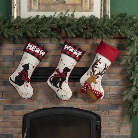 Glitzhome&reg; 21" LED Embroidered Reindeer Linen Christmas Stocking {4}