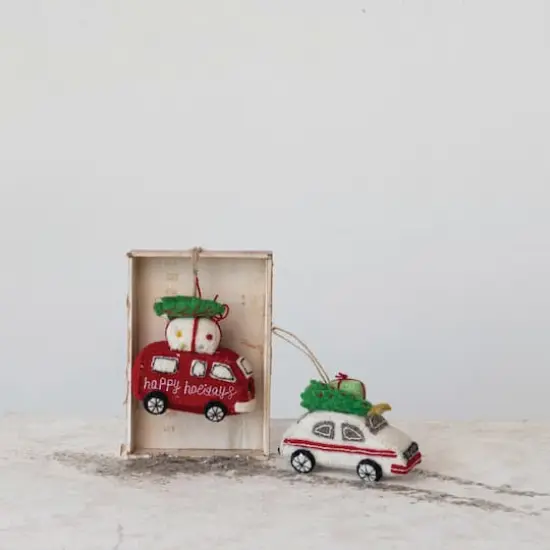 Hello Honey&reg; Handmade Wool Felt Van & Car Ornament Set with Christmas Tree, Present, Applique & Embroidery {3}