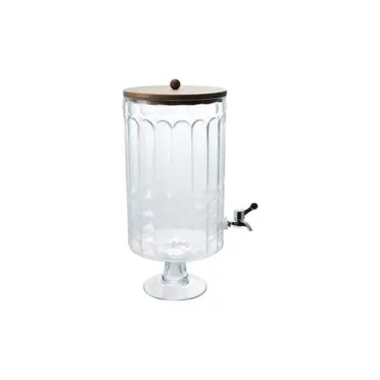 Hello Honey 8-Quart Cut Glass Beverage Dispenser with Plastic Spout and Acacia Wood Lid, Silver Color and Natural {3}