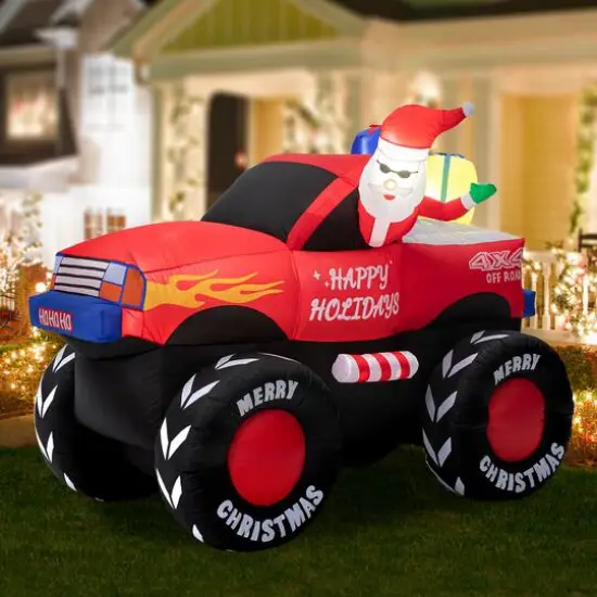 Glitzhome&reg; 7ft. LED Lighted Santa Claus Pickup Truck Inflatable D&eacute;cor {3}