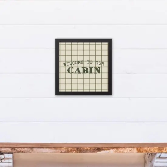 Welcome To Our Cabin Green and Cream Check Canvas Wall Art in Black Frame {5}