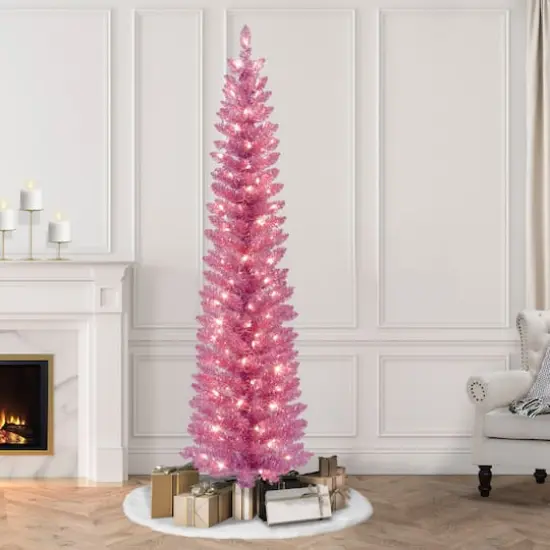 7ft. Pre-Lit Pink Tinsel Artificial Christmas Tree, Clear Lights {3}