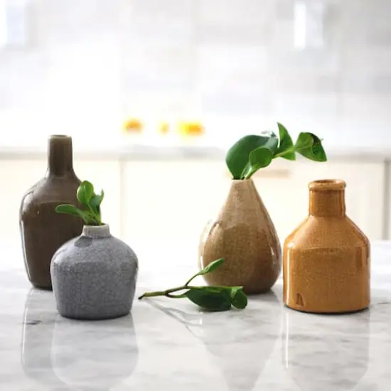 Hello Honey&reg; Stoneware Crackle Glaze Bud Vase Set Mustard Tone {3}