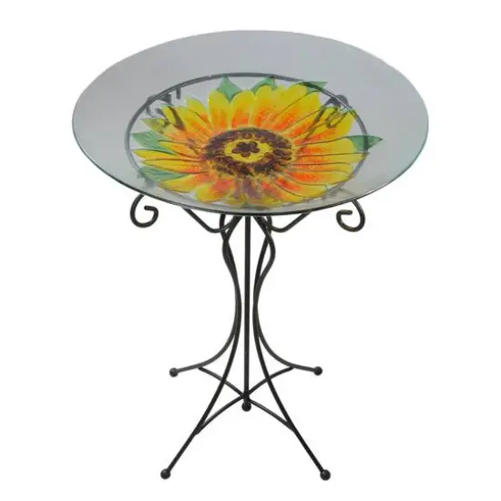 23.5" Hand Painted Glass Sunflower Spring Outdoor Bird Bath {1}