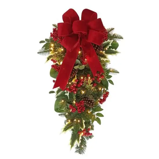 28" Battery-Operated Pre-Lit Decorated Artificial Swag with Red Bow {1}