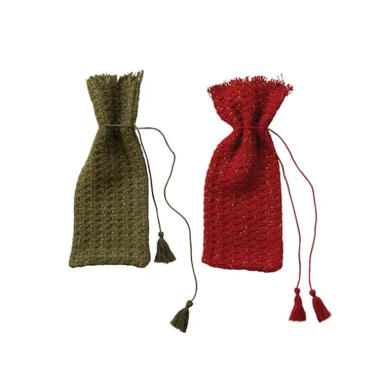 Hello Honey Green & Red Woven Cotton Wine Bag with Metallic Gold Thread & Tassels, 2ct. {4}