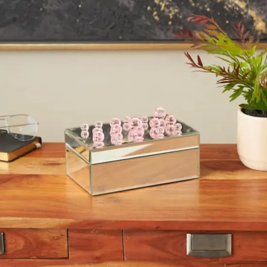 8" x 5" x 4.5" Silver Glass Mirrored Decorative Jewelry Box with Pink Bubble Textured Balls {3}