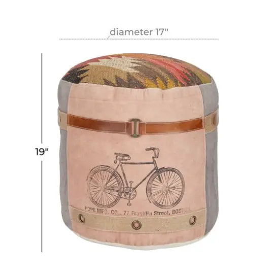 Multi Colored Cotton and Leather Bohemian Pouf, 19" x 17" x 17" {6}