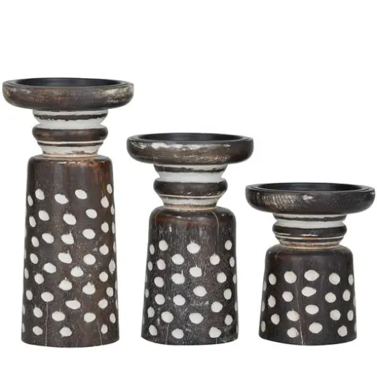 Dark Brown Mango Wood Round Carved Dotted Pillar Candle Holder Set {5}