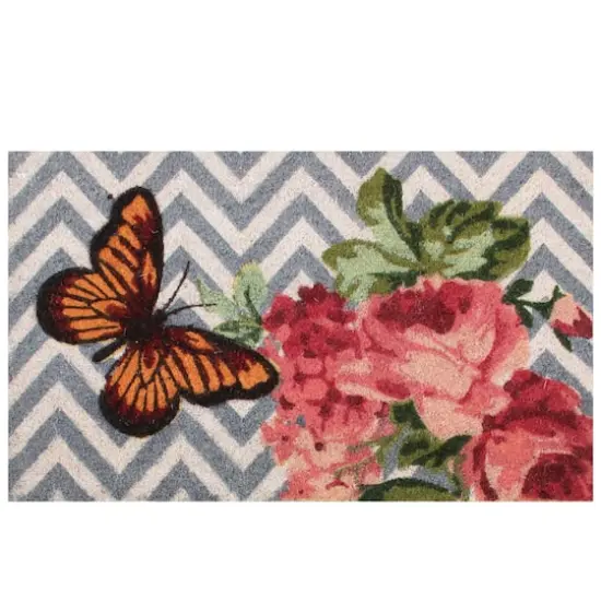 Gray Chevron & Butterfly Floral Doormat {1}