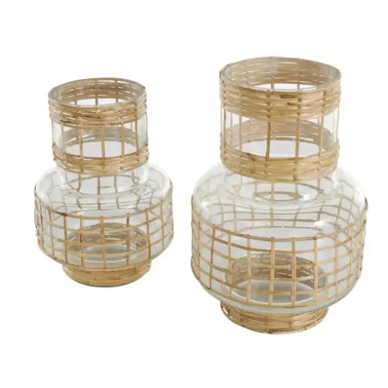 Clear Glass Double Ring Rattan Wrapped Vase Set {9}