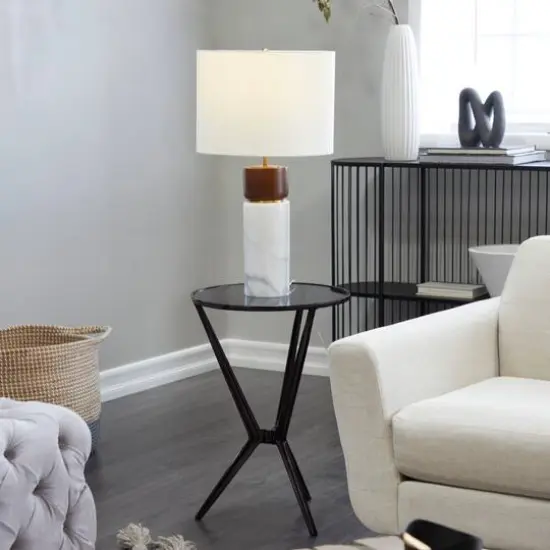 Black Aluminum Hourglass Shaped Stand Accent Table with Clear Glass Top 16" x 16" x 24" {7}