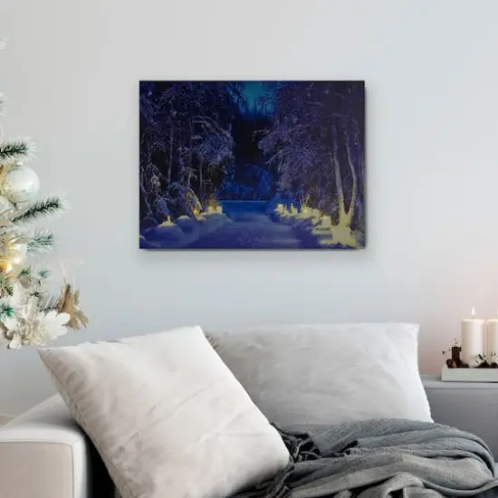 LED Lighted Nighttime In The Woods Winter Scene Canvas Wall Art {3}