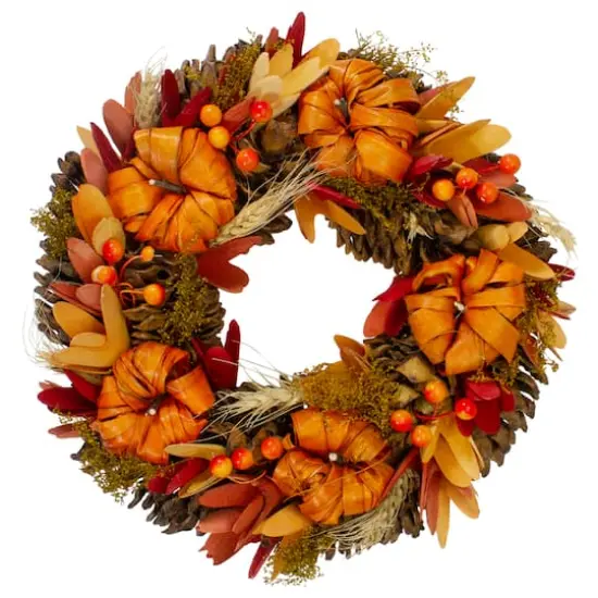 11" Brown & Orange Pinecone & Pumpkin Fall Wreath {1}