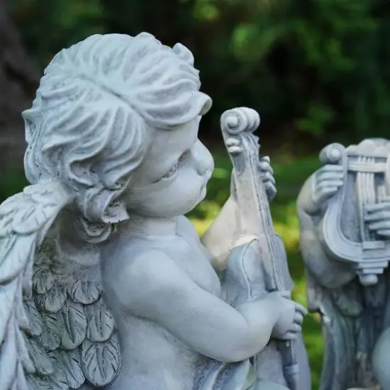 14.75" Ivory Cherub Angels With Violin & Harp Sitting On Finials Outdoor Garden Statues Set {4}