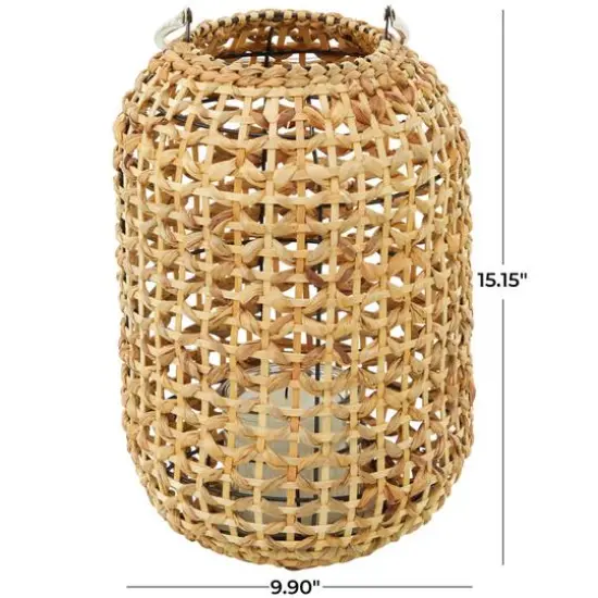 15" Brown Metal Handmade Candle Lantern with Glass Holder and Handle {6}
