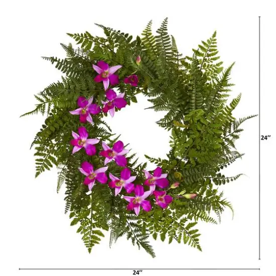 24" Mixed Fern & Dendrobium Orchid Wreath {3}