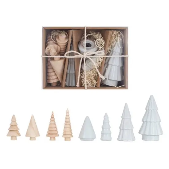 Hello Honey® White & Natural Stoneware & Wood Christmas Trees Set {1}