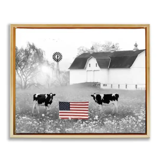 Stupell Industries Americana Barn Country Cows Flag Floater Framed Art Gold {1}