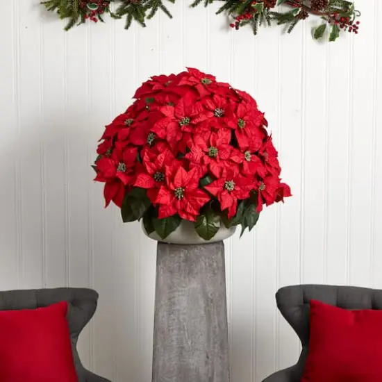 24" Large Poinsettia Artificial Plant in Stone Planter {3}