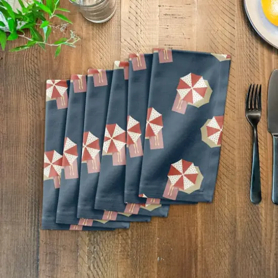 Umbrella Print Cotton Twill Napkin Navy Red and White {4}