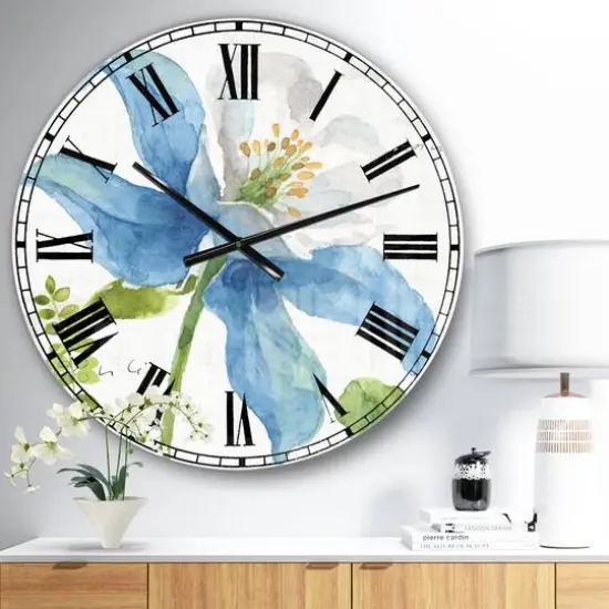 Designart 'Blue Columbine Wild Flower With Ferns Traditional Wall Clock {3}