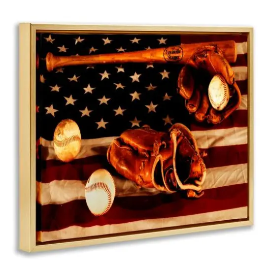Stupell Industries Vintage American Flag Baseball Photo Floater Framed Art Gold {4}
