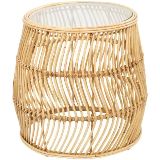 Brown Rattan Handmade Wavy Woven Accent Table with Glass Top {1}