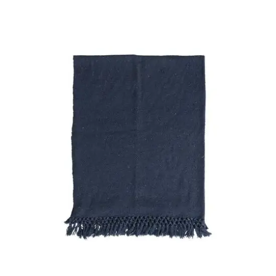 Navy Woven Recycled Cotton Blend Throw with Crochet Fringe {1}