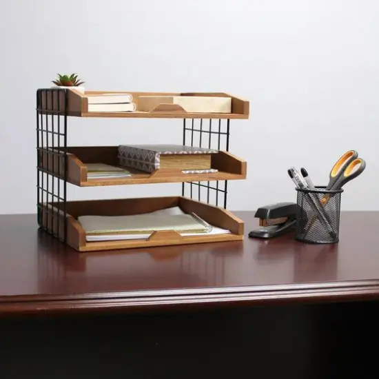 Elegant Designs Natural Wood Desk Organizer Letter Tray with 3 Shelves {4}