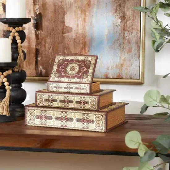 Arabesque Pattern Canvas Storage Book Box Set Red/Cream/Green {9}