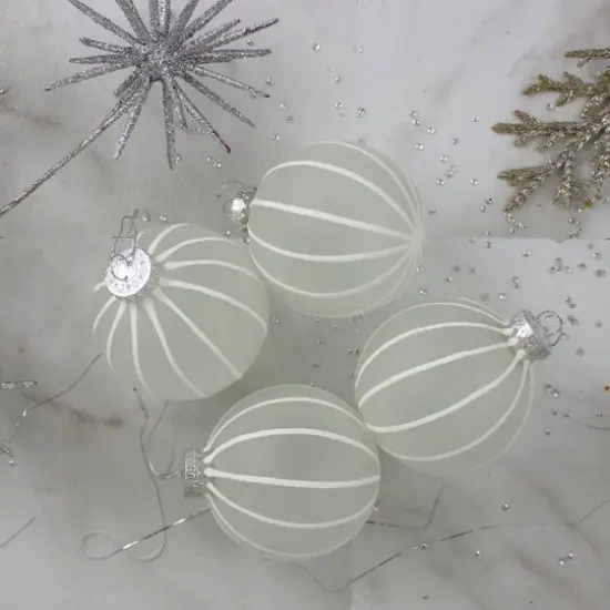 4ct. 3.5" Frosted Glitter White Striped Glass Ball Ornaments {6}