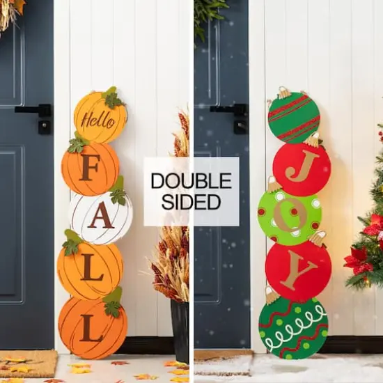 Glitzhome&reg; 41.75" Fall and Christmas Double-Sided Wooden Pumpkin and Ornament Porch Sign {3}