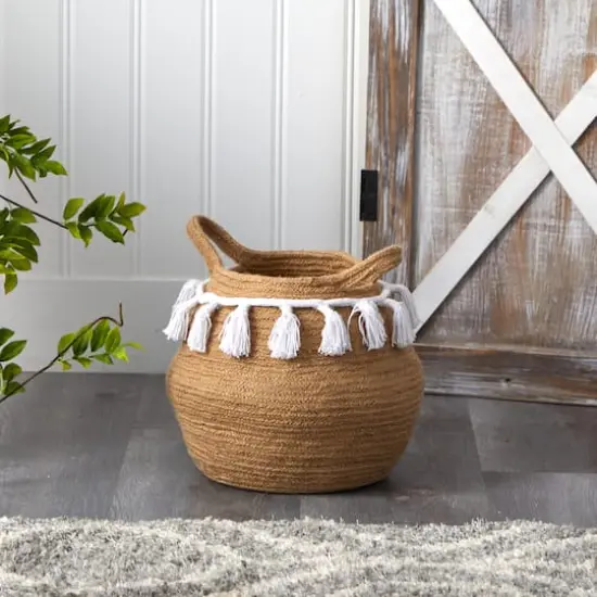 11" Boho Chic Handmade Natural Cotton Woven Basket Planter with Tassels {3}