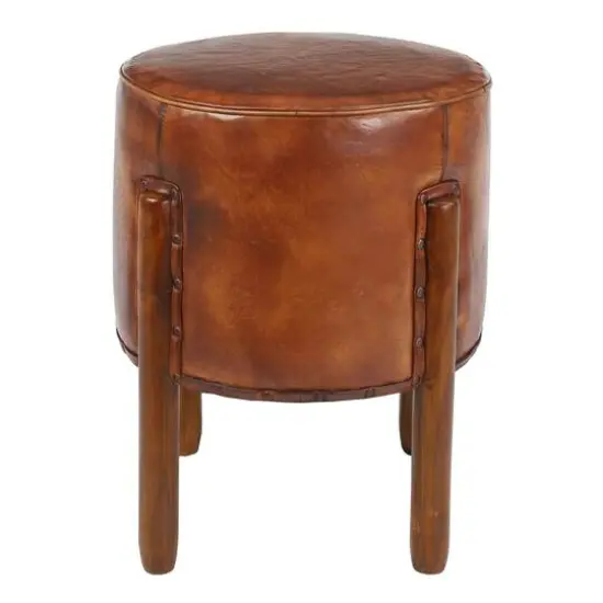 20" Brown Leather & Teak Traditional Stool {6}