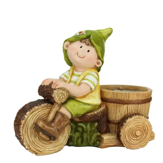 16" Young Boy Gnome Riding Bicycle with Flower Pot Garden Patio Planter {1}