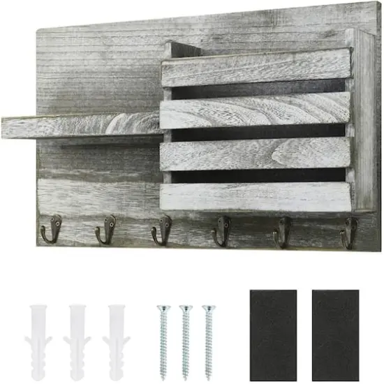 NEX&trade; Olive Green Vintage Wooden Mail Shelf with 6 Key Hooks {5}
