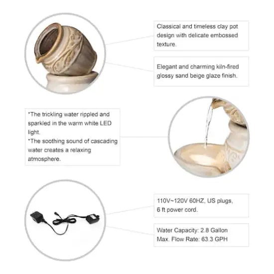 Glitzhome&reg; 27" 4-Tier Sand Beige LED Ceramic Fountain {8}