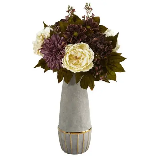 24" Peony, Hydrangea & Dahlia Arrangement in Stoneware Vase {1}