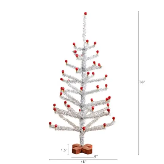 3ft. Artificial Retro Silver Tinsel Christmas Tree with 45 Red Mini Ornament Balls and Wooden Base {3}