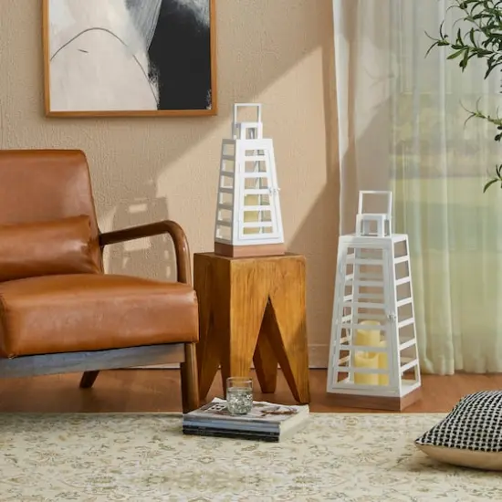 Glitzhome® White Modern Trapezoid Metal & Wood Lanterns Set {6}