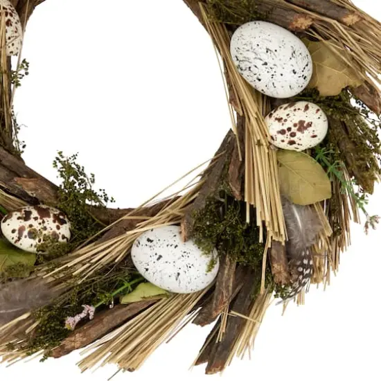 14" Speckled Eggs & Feathers Artificial Easter Wreath {4}